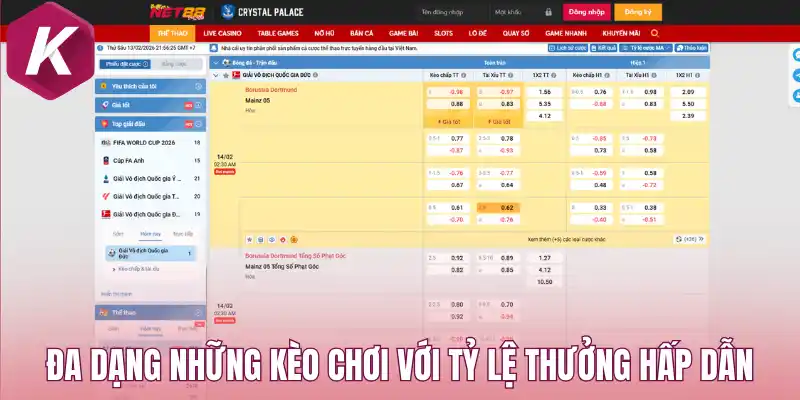 Đa dạng những kèo chơi với tỷ lệ thưởng hấp dẫn 